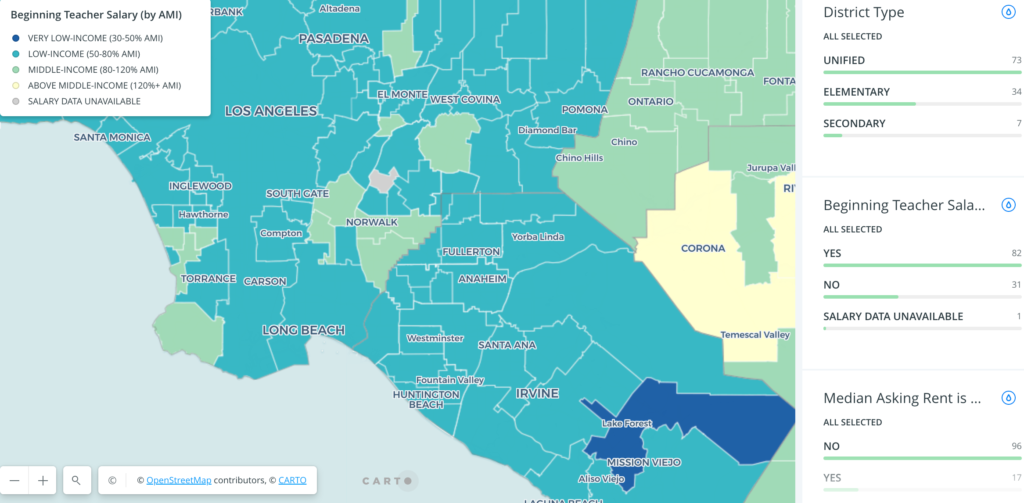 Interactive map on teacher salaries and housing affordability across California