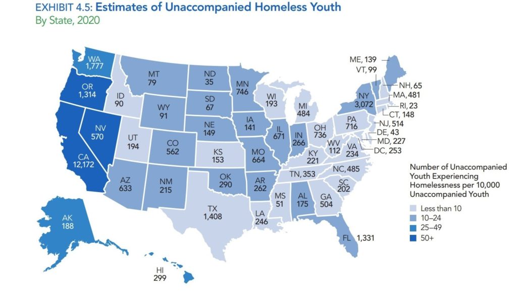 Estimates of unaccompanied homeless youth by state, 2020